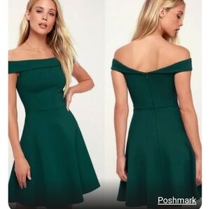 NWT Lulus Season of Fun Forest Green Off-the-Shoulder Skater Dress X-Small